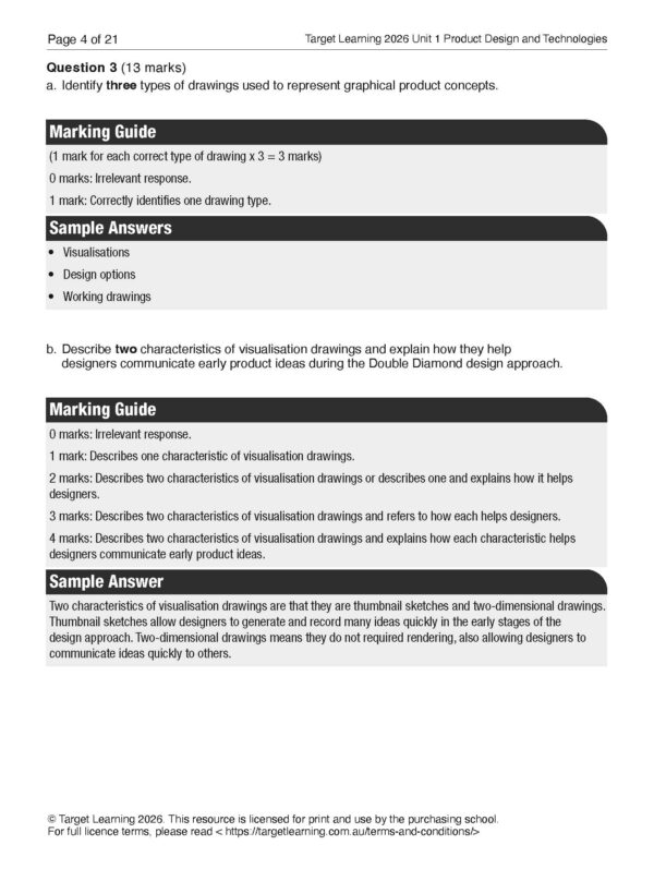 A worksheet with questions and mark schemes on drawing types and visualisation in product design, tailored for the 2026 Product Design and Technologies Unit 1 Examination. Includes labeled sections, bullet points, and answers on the Double Diamond design approach.