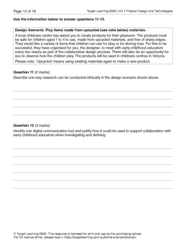 A worksheet for the 2026 Product Design and Technologies Unit 1 Examination features a design scenario on making play items from upcycled materials for a childcare centre, with questions guiding students on design concepts and teamwork strategies.