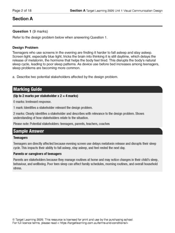 A textbook page titled Section A from the 2026 VCD Unit 1 Examination presents a design problem about teenagers’ sleep issues from screen use, featuring a question, marking guide, sample answers, and a footer with copyright and website details.