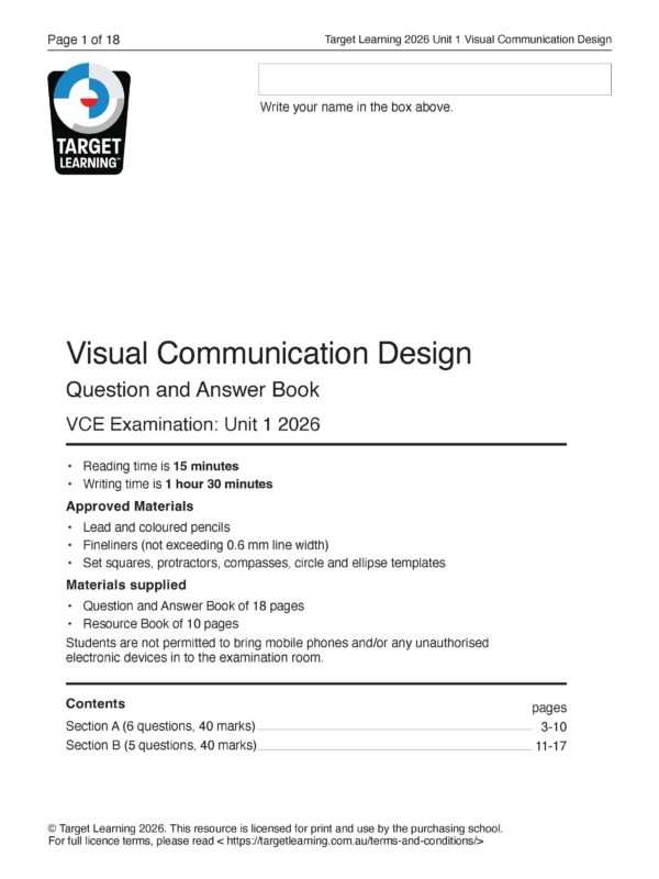 The 2026 VCD Unit 1 Examination cover page by Target Learning includes detailed instructions, list of materials, approved items, and a table of contents—ideal for preparing for the VCE Visual Communication Design Unit 2 exam.
