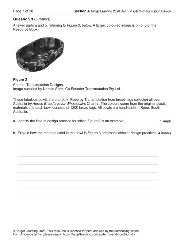 A black and white bowl made from bread tags is displayed on a white background, alongside text about its creation, circular design principles, and its relevance to the 2026 VCD Unit 1 Examination.