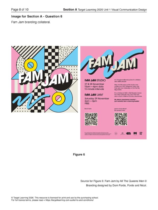 Two vibrant posters for the 2026 VCD Unit 1 Examination: one highlights bold geometric shapes, the other features playful script on pink with event details, QR codes, and icons—both emphasize creative branding design.