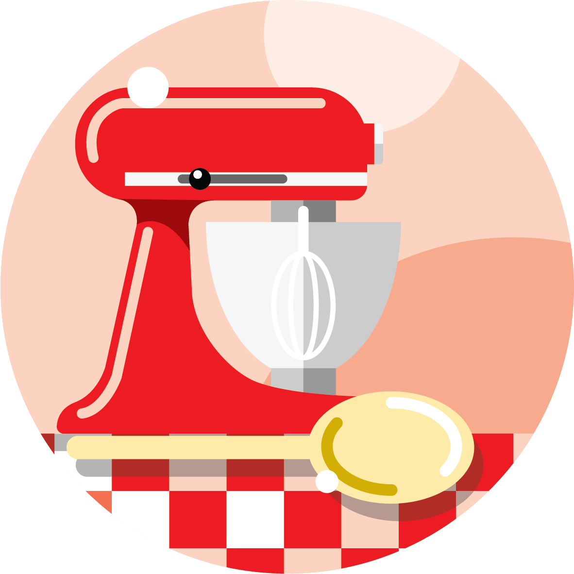A red stand mixer with a white mixing bowl sits on a red and white checkered cloth, with a large yellow spoon in the foreground. The background features pale peach and pink shapes.