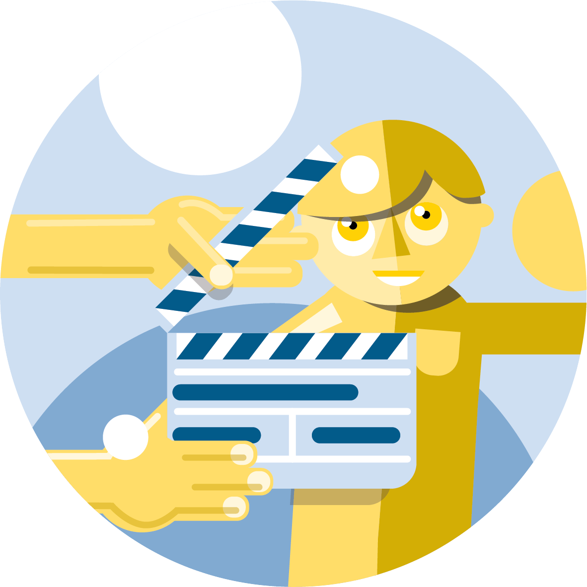 An illustration of a person smiling with a film clapperboard in front of them. Two hands hold the clapperboard, about to snap it shut as if starting a film scene. The background is blue and white with abstract shapes.
