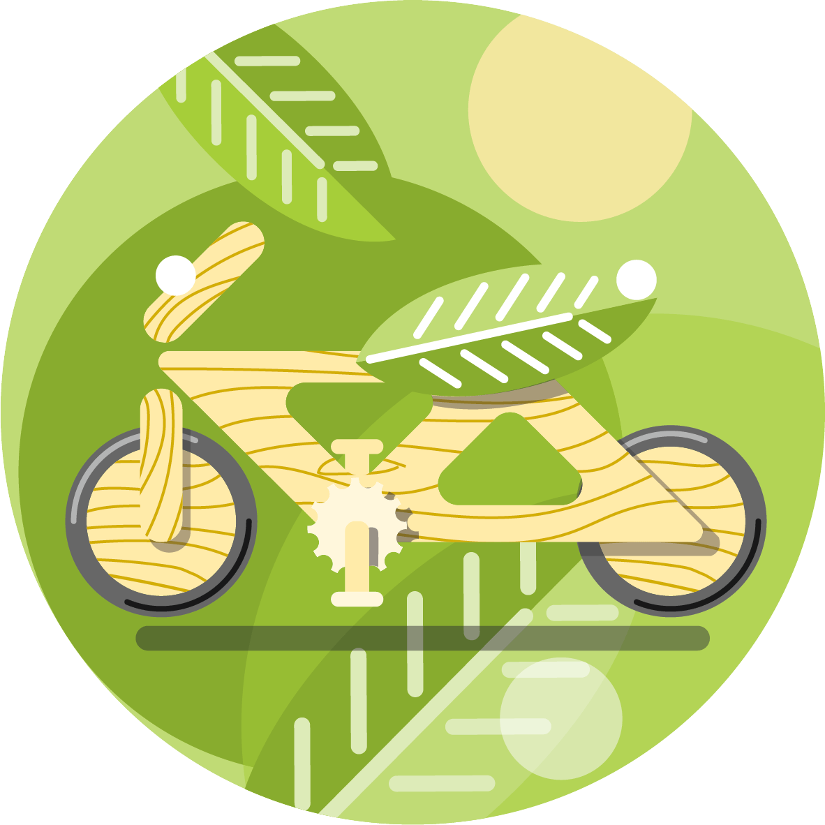 An abstract illustration of a bicycle made to look like wood, featuring green leaves as design elements, set against a circular green background with stylized leaves and sunlight.