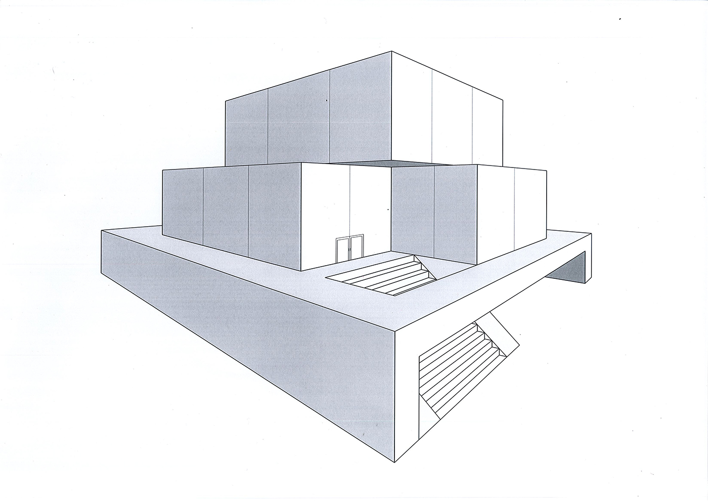 Minimalist architectural drawing of a building with three stacked rectangular volumes, wide stairs leading to double doors, and a large rectangular base featuring an open passageway. The design is clean and geometric.