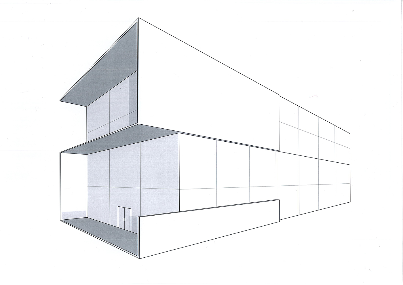 Minimalist architectural illustration of a modern, rectangular building with sharp angles, large windows, and overhanging sections. The structure is shown in a clean, white, and gray color scheme on a white background.