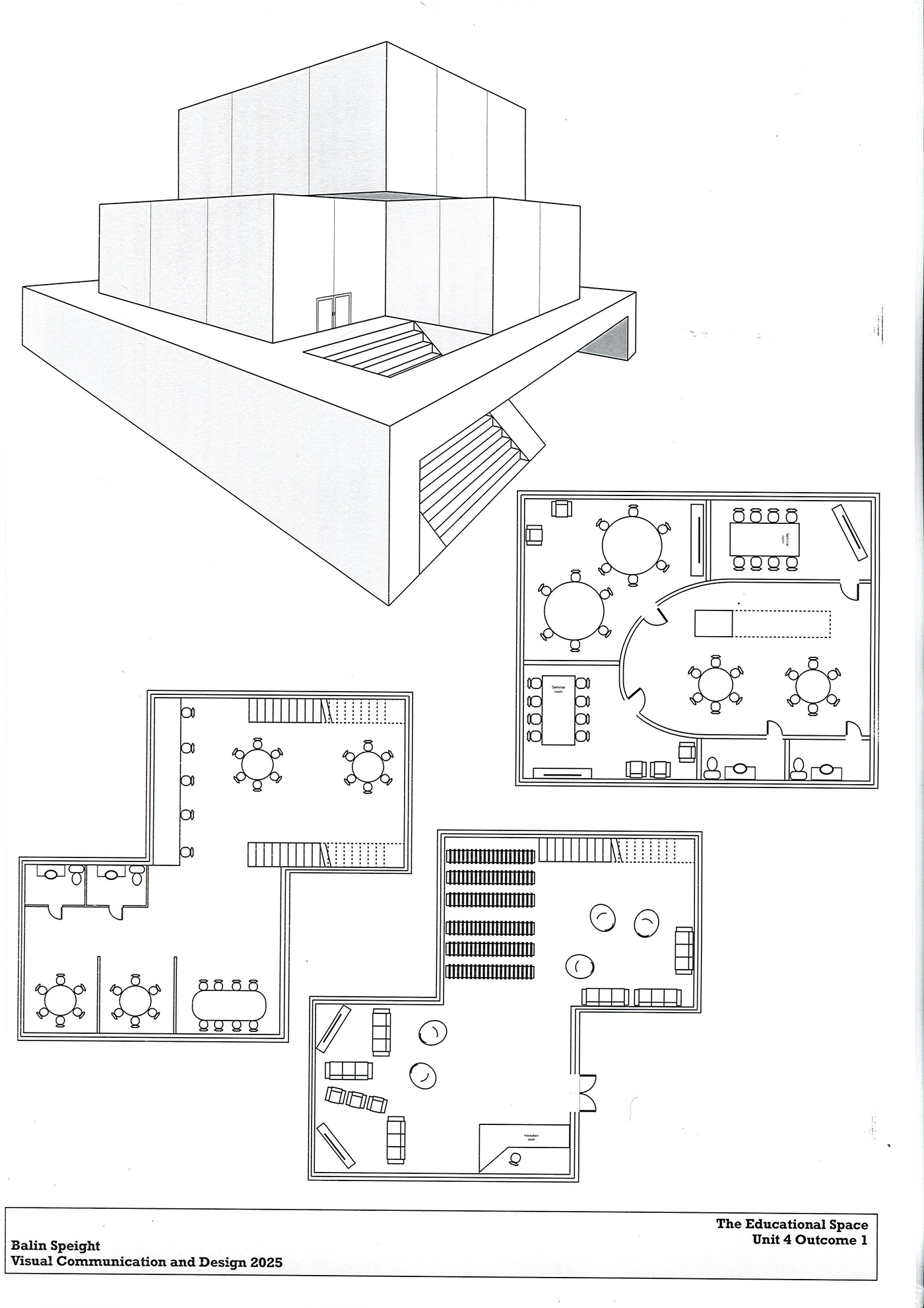 A black and white architectural drawing showing a 3D exterior view of a modern building and four interior floor plans with furniture, bookshelves, round tables, desks, and restroom areas labeled “The Educational Space.”.
