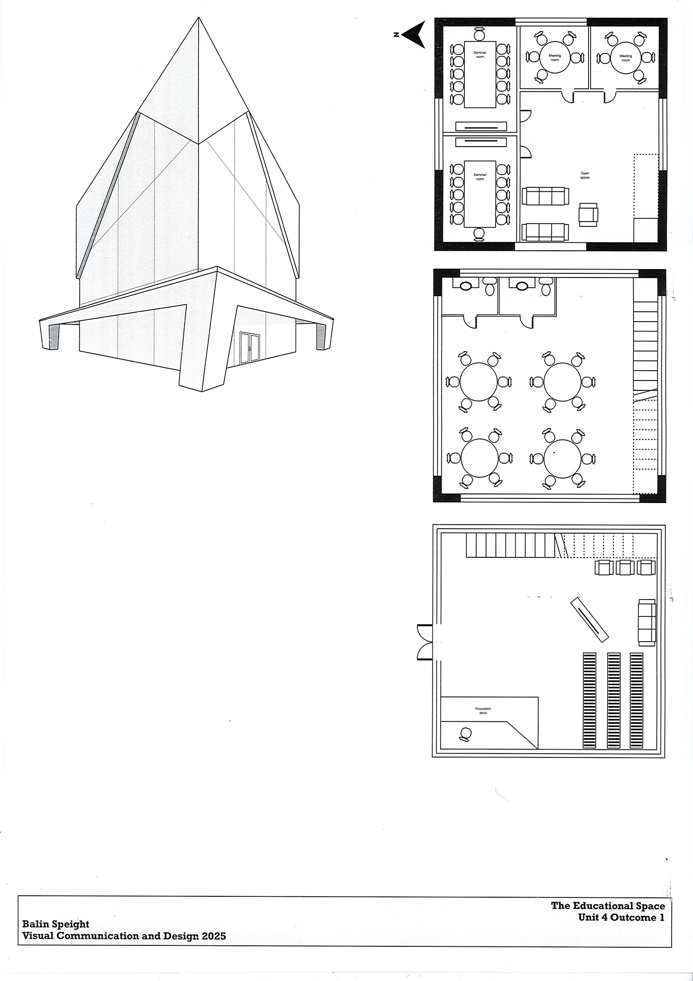 Architectural drawing showing a 3D perspective of a modern, angular building (left) and three floor plans (right) with seating arrangements, tables, and shelves, labeled The Educational Space for a design project.