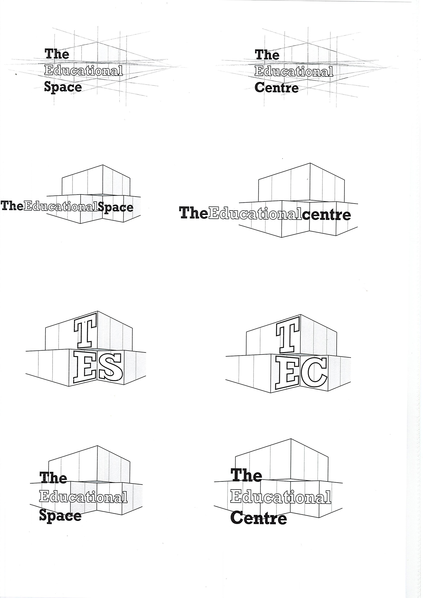A sheet with eight logo design variations for The Educational Space and The Educational Centre, each featuring outlined geometric buildings and different font styles and placements for the text.