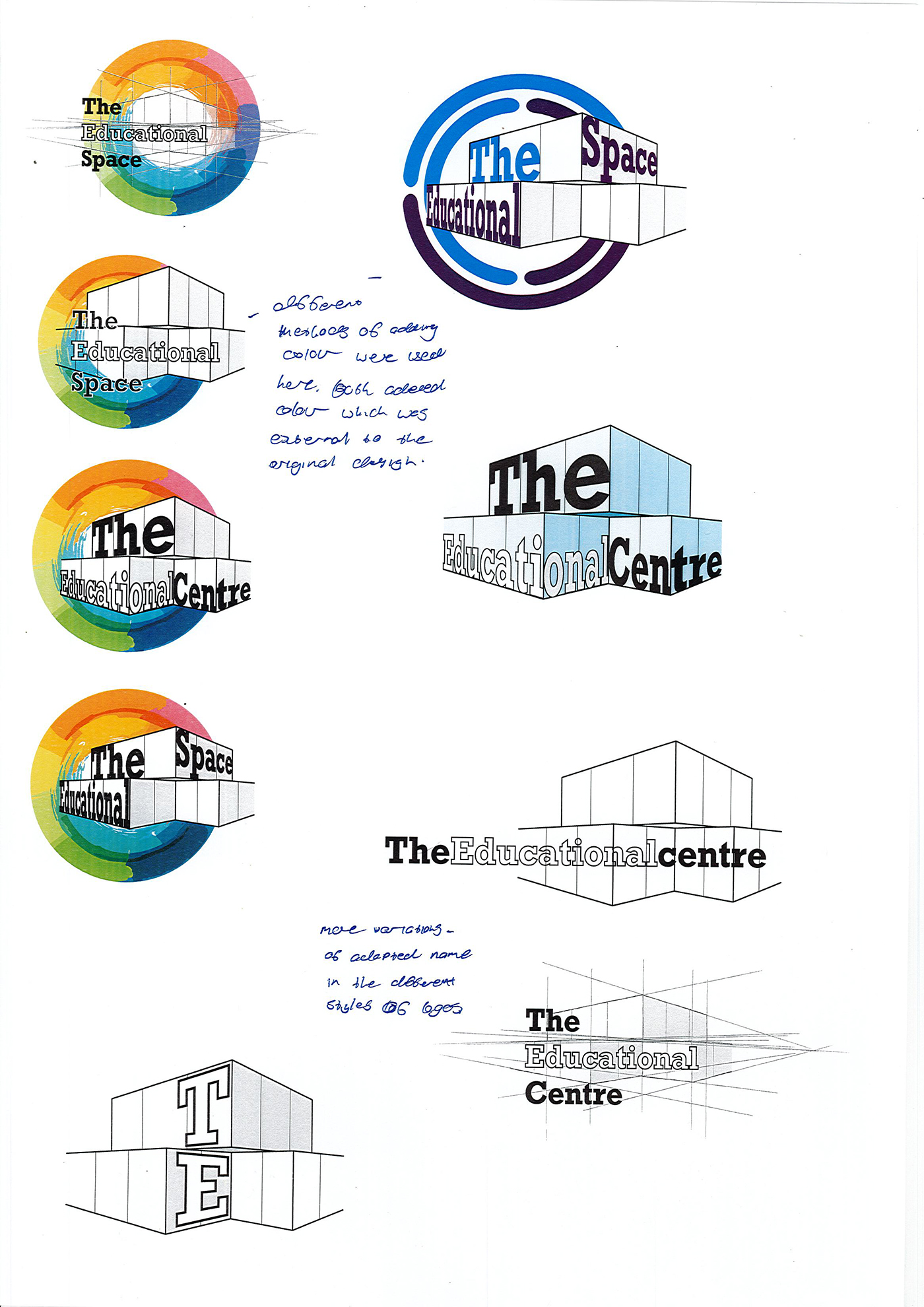 A design sheet displays various logo concepts for The Educational Space/Centre, combining text with geometric building outlines and colorful circular elements, along with handwritten notes analyzing different font and layout styles.