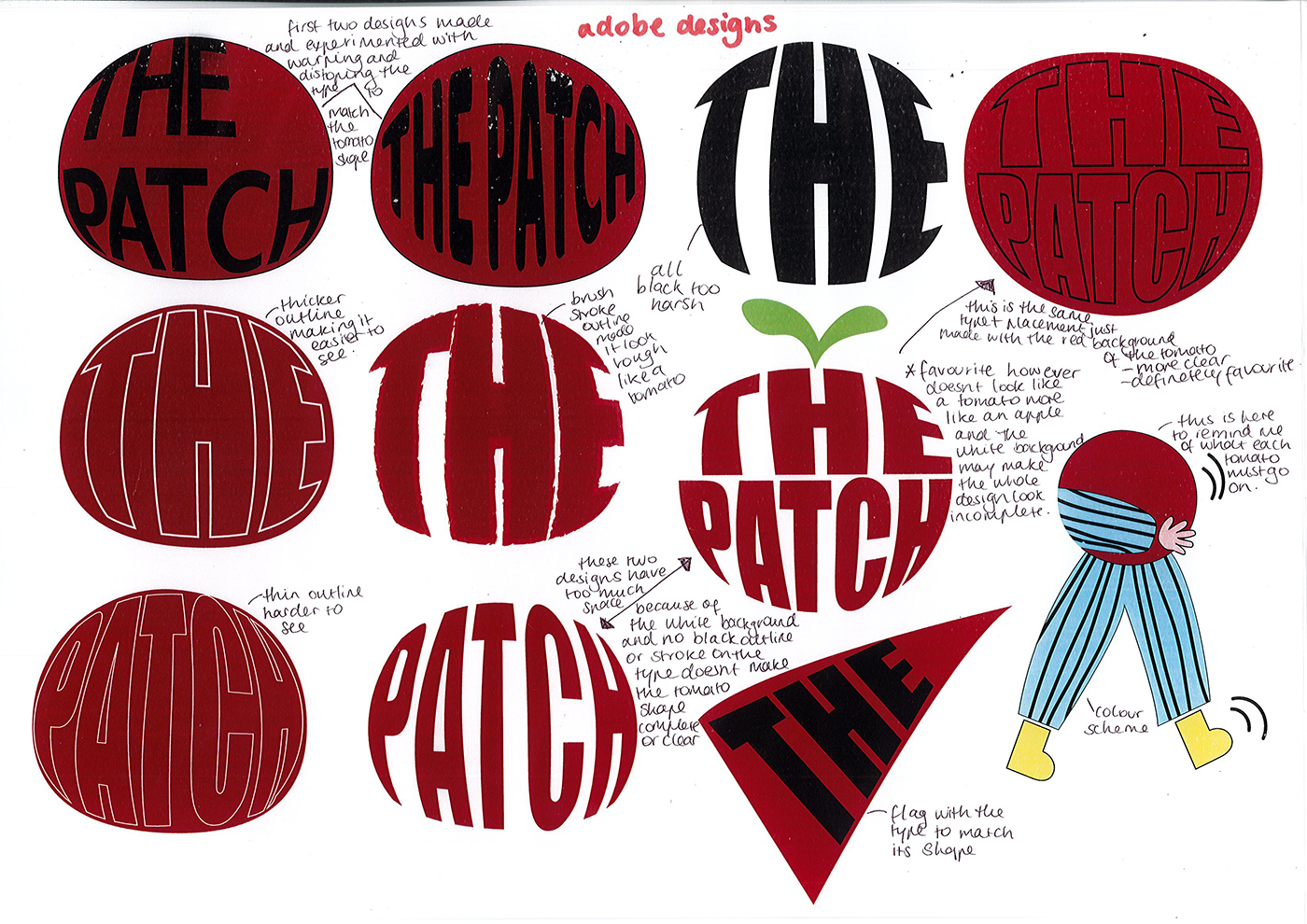A collection of bold, red and black THE PATCH logo designs in various shapes and fonts, with handwritten notes describing design choices. A small figure holding a red circle stands in the lower right corner.