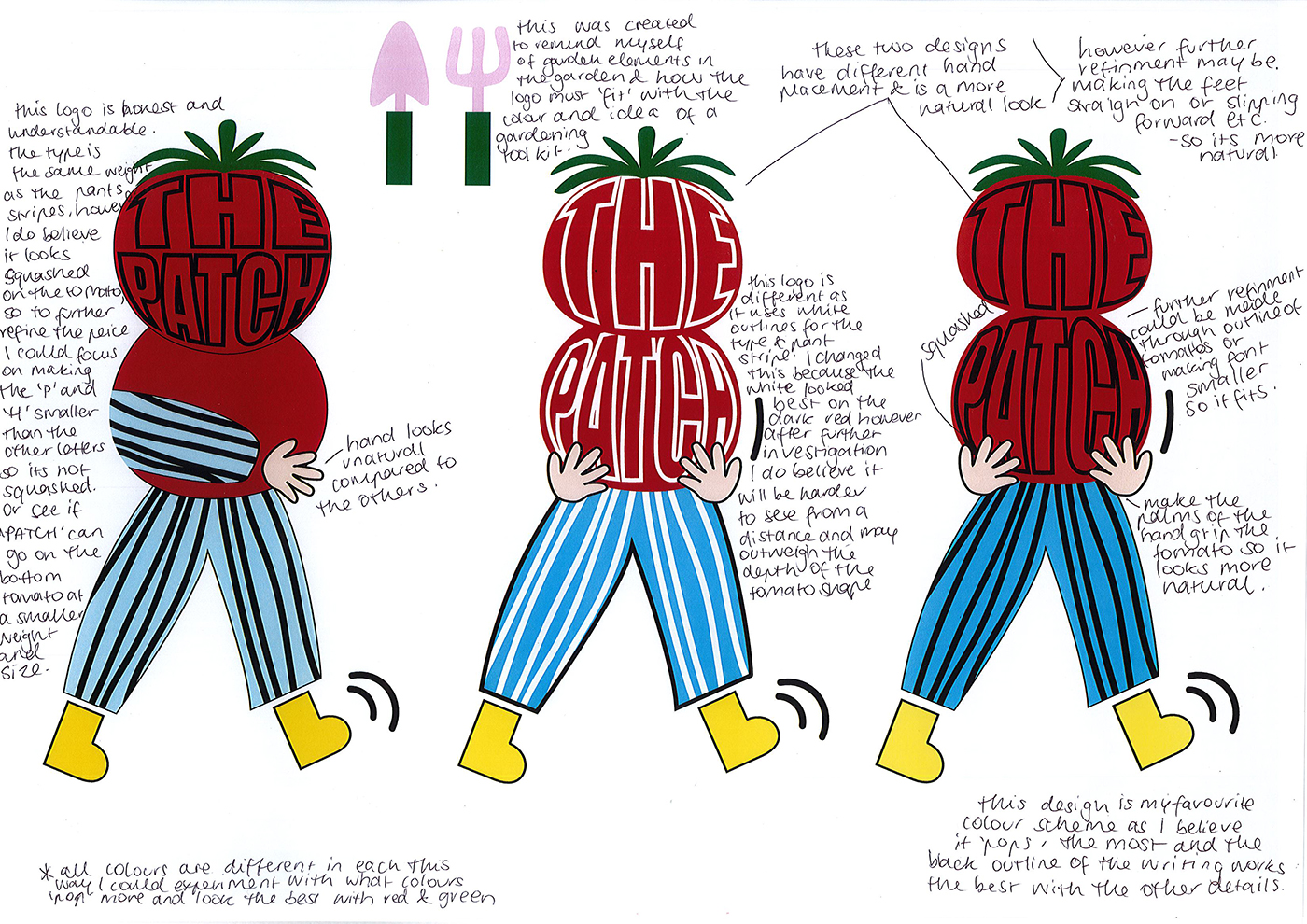 Three colorful cartoon figures with tomato heads labeled THE PATCH, striped pants, yellow boots, and waving hands. Handwritten notes critique the design, color choices, and head shapes, with a fork and trowel icon at the top.