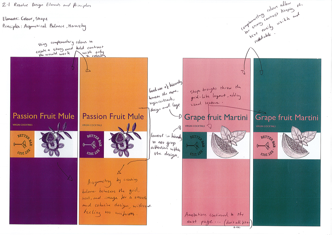 Four cocktail menus with notes analyze their design. The left two menus are for Passion Fruit Mule (purple and orange), and the right two for Grape Fruit Martini (pink and teal), with handwritten comments on color and layout.