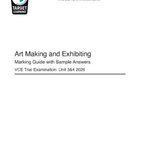 Cover page of an art exam marking guide. The top has the Target Learning logo, a box asking for the students name, and the title: Art Making and Exhibiting Marking Guide with Sample Answers, VCE Trial Examination: Unit 3&4 2026.