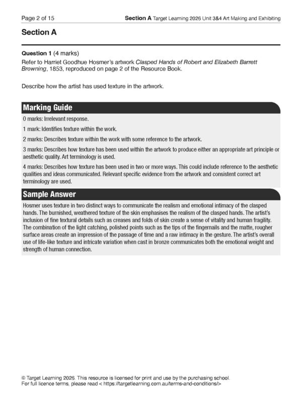 A test paper page features an art exam question about Harriet Goodhue Hosmer’s sculpture Clasped Hands of Robert and Elizabeth Barrett Browning, with a marking guide and a sample answer discussing texture in the artwork.