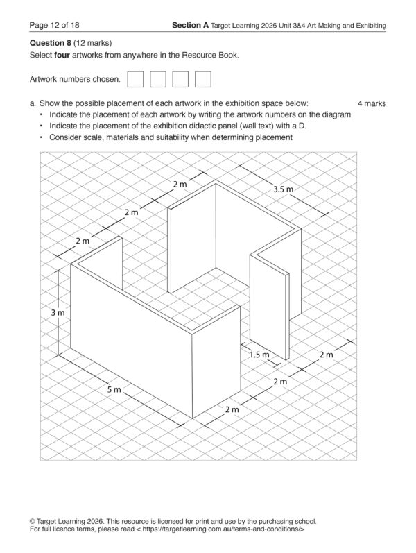 A grid diagram of an exhibition space with four white partition walls arranged in a zigzag pattern, each labeled with dimensions; instructions ask to indicate artwork placements using artwork numbers and the letter D.