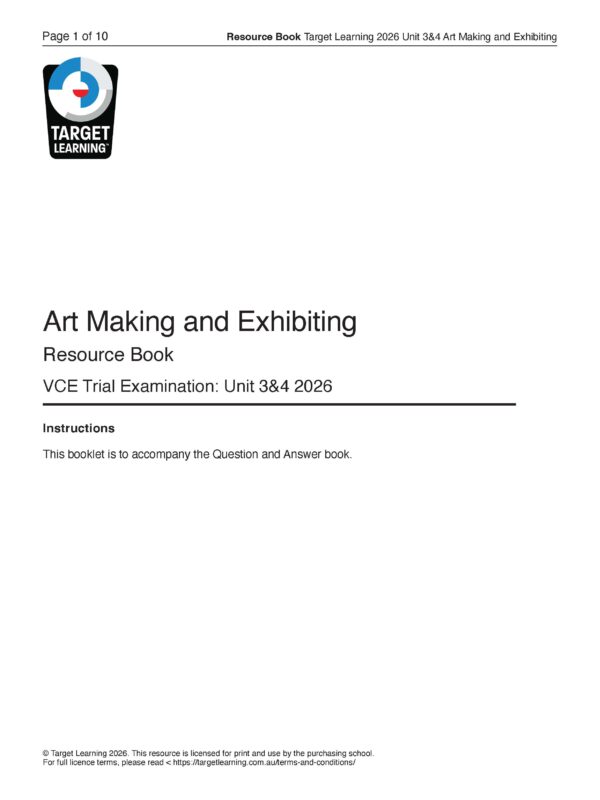 Cover page of a resource book titled Art Making and Exhibiting: VCE Trial Examination, Unit 3&4 2026 by Target Learning, with instructions and copyright information at the bottom.