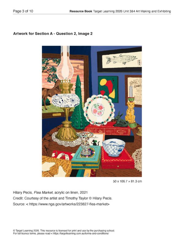 A colorful still life painting features ornate plates, glassware, vases, and sculptures arranged on a table, set against a backdrop of framed pictures, a clock, books, and other decorative objects.