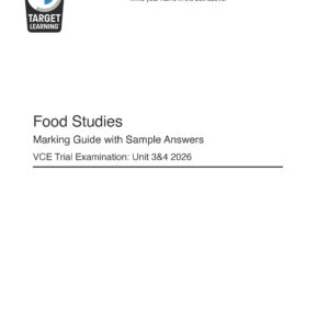 Cover page of a Target Learning document titled Food Studies Marking Guide with Sample Answers: VCE Trial Examination Unit 3&4 2026, with a space to write a name and copyright information at the bottom.
