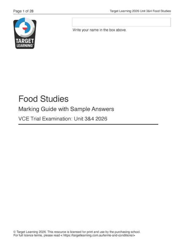 Cover page of a Target Learning document titled Food Studies Marking Guide with Sample Answers: VCE Trial Examination Unit 3&4 2026, with a space to write a name and copyright information at the bottom.