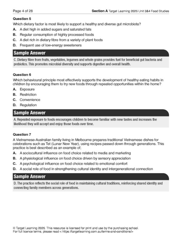 A page from an educational resource shows questions and sample answers about dietary fiber, food preferences, Vietnamese dishes, and traditional celebrations, with bold headings and multiple-choice and short answer formats.