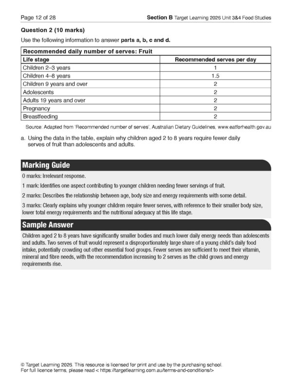 A table shows recommended daily fruit serves for different age groups, from children (2-18 years) to adults (19+ years), with serves ranging from 1 to 2. Marking guide and sample answer sections are below the table.