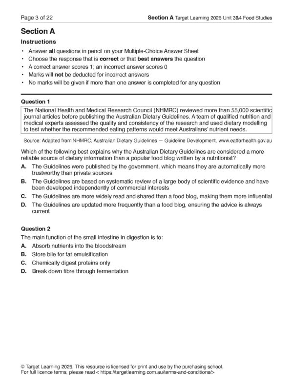 A page from an exam paper titled Section A - Instructions with a multiple-choice question about food safety, NHMRC guidelines, and four answer options labeled A to D. The page includes instructions and footer text.