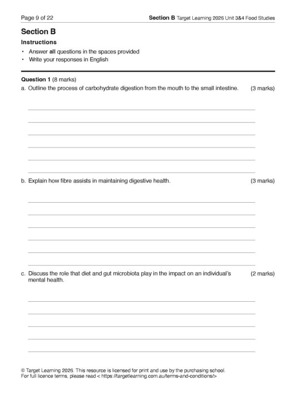 A black-and-white worksheet titled Section B with instructions and three digestive health questions, each with space for written answers and allocated marks. The copyright and source link are at the bottom of the page.