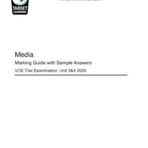 Cover page of a document titled Media Marking Guide with Sample Answers: VCE Trial Examination Unit 3&4 2026 by Target Learning, with a box to write your name at the top and copyright information at the bottom.