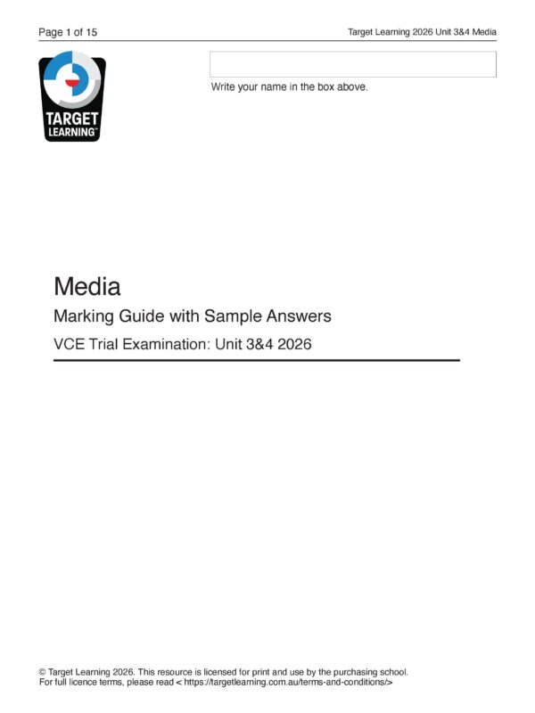 Cover page of a document titled Media Marking Guide with Sample Answers: VCE Trial Examination Unit 3&4 2026 by Target Learning, with a box to write your name at the top and copyright information at the bottom.