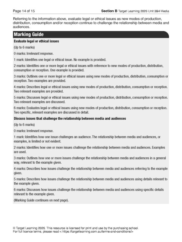 A printed marking guide for evaluating legal or ethical issues in media, listing criteria for 0-6 marks and descriptors for each score, with section headings and detailed explanations for assessment.