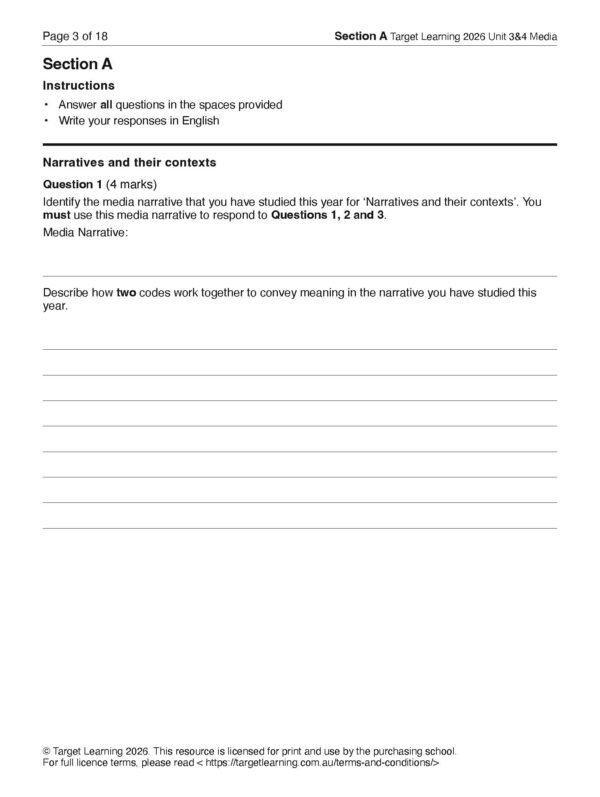 A worksheet titled Section A: Target Learning 2026 Unit 3&4 Media with instructions, a question about media narratives, blank lines for student responses, and copyright information at the bottom.
