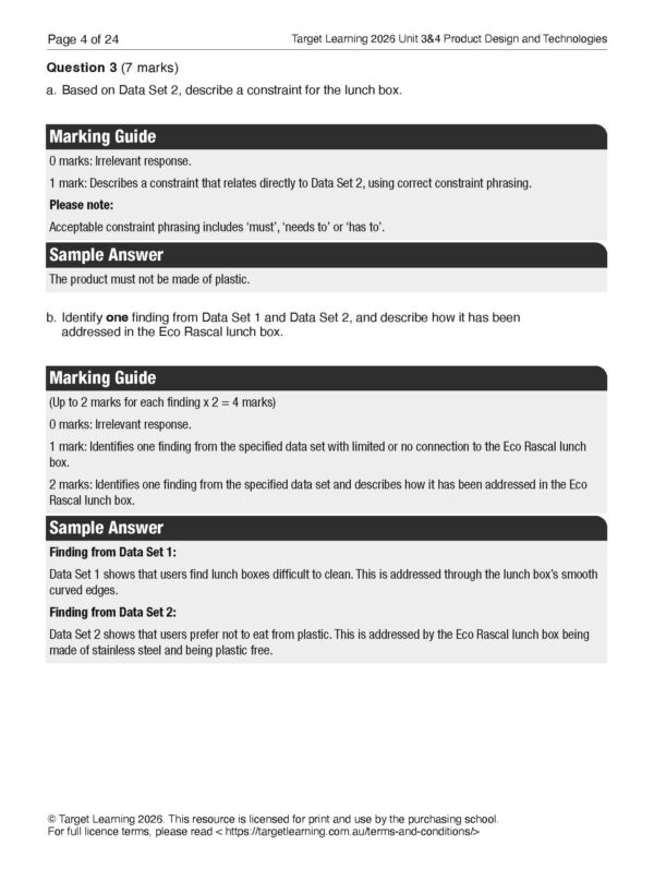 A page from an educational resource shows a marking guide for a question about a lunch box. The page includes sample answers, criteria for different marks, and specific data from the Eco Rascal lunch box.