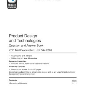 A cover page of a Product Design and Technologies VCE Trial Examination booklet, showing the Target Learning logo, instructions, exam details, and a table of contents for questions and answers.