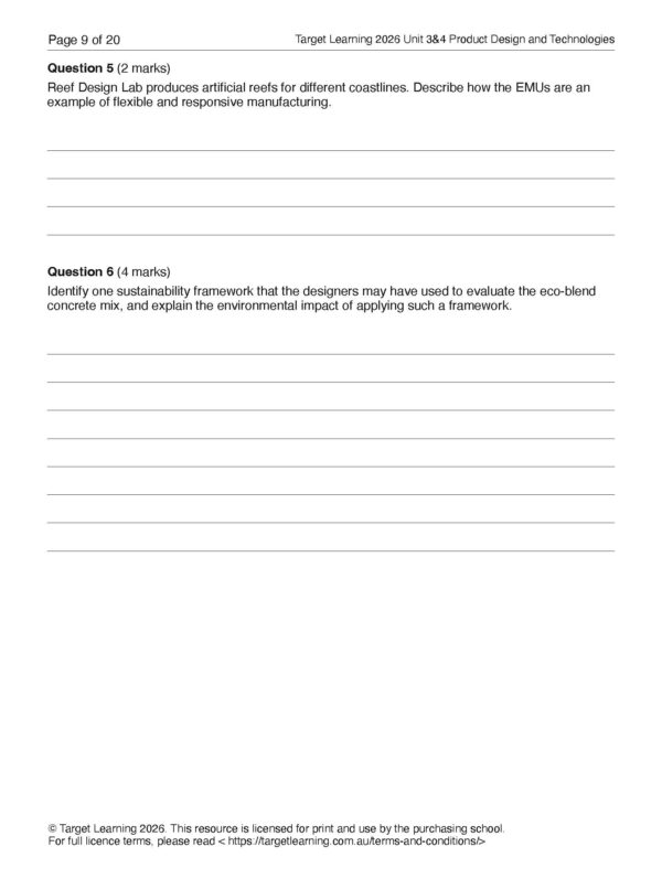 A worksheet page with two questions about product design and technologies, each followed by blank lines for student responses. The questions focus on flexible manufacturing and evaluating eco-blend concrete.