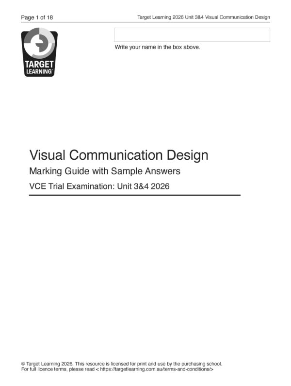 Cover page of a Visual Communication Design marking guide for the VCE Trial Examination Unit 3&4 2026 by Target Learning, with space to write a name at the top.