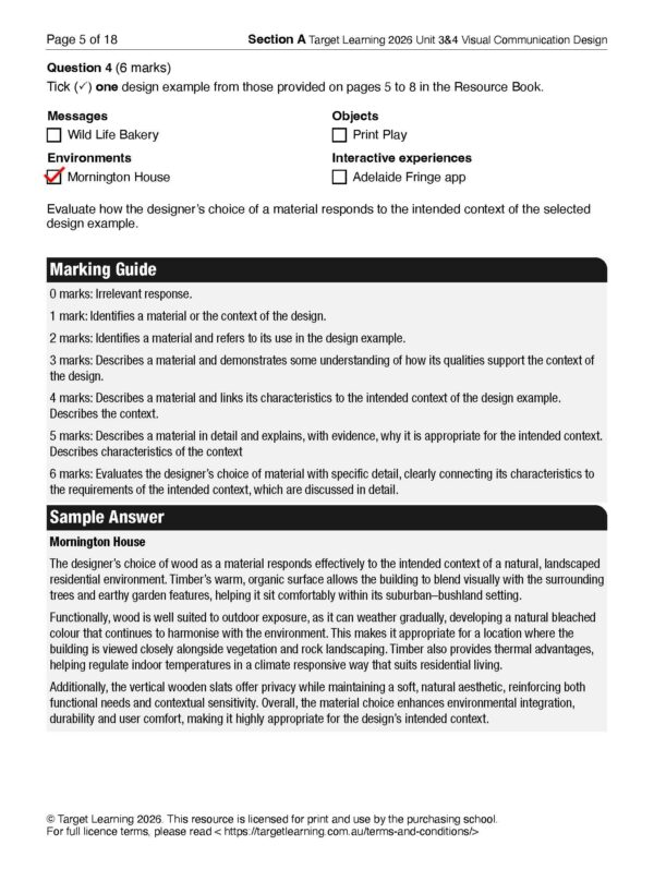 A worksheet showing messages, environments, objects, and interactive experiences with boxes to tick; includes a marking guide for evaluating how a material responds to its intended context, with a scoring rubric and detailed descriptions.