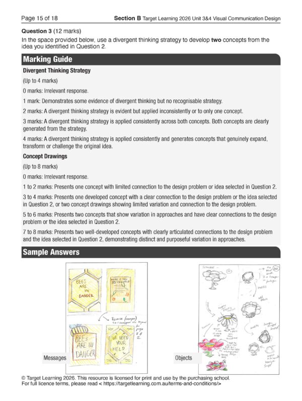 A page from a 2026 Visual Communication Design exam with Section B, Question 3, a marking guide for divergent thinking strategy, concept drawing instructions, and illustrated sample answers showing ideas for a café sign.