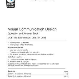 A cover page for a VCE Visual Communication Design exam booklet with the Target Learning logo, instructions, allowed materials, and a contents table for Sections A and B. A box is provided for the students name.