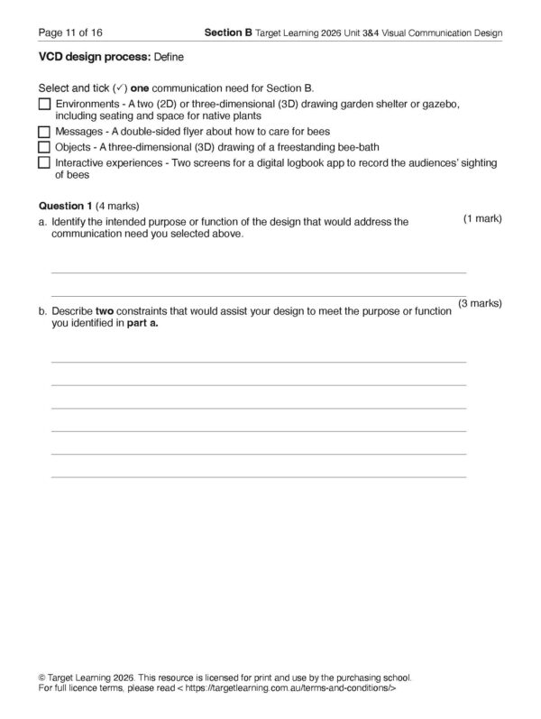 A worksheet about VCD design process with tick box questions on communication needs, a 3D drawing of a garden shelter, and two short-answer questions about the drawings function and constraints.