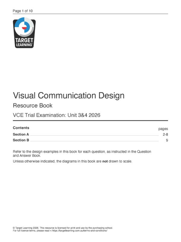 Cover page of a Visual Communication Design resource book for VCE Trial Examination Unit 3&4, 2026, with a contents list for Section A (pages 2–8) and Section B (page 9), published by Target Learning.