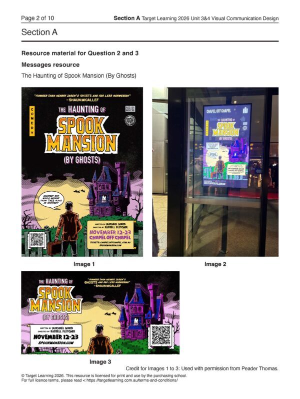 A poster for The Haunting of Spook Mansion (By Ghosts) event with bold orange text, ghostly mansion, eerie background, and event details is shown on print and displayed at a bus stop.