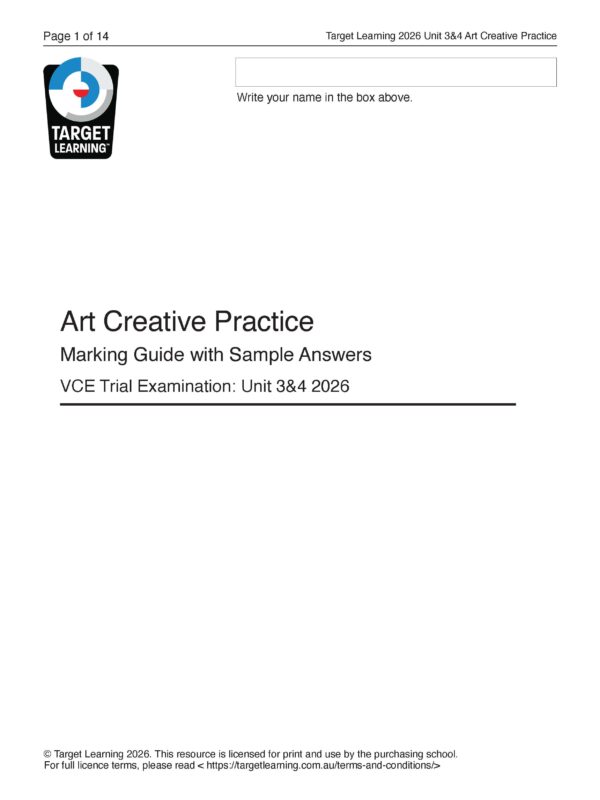Cover page of a document titled Art Creative Practice: Marking Guide with Sample Answers, VCE Trial Examination: Unit 3&4 2026 by Target Learning, with a blank box for writing a name at the top.