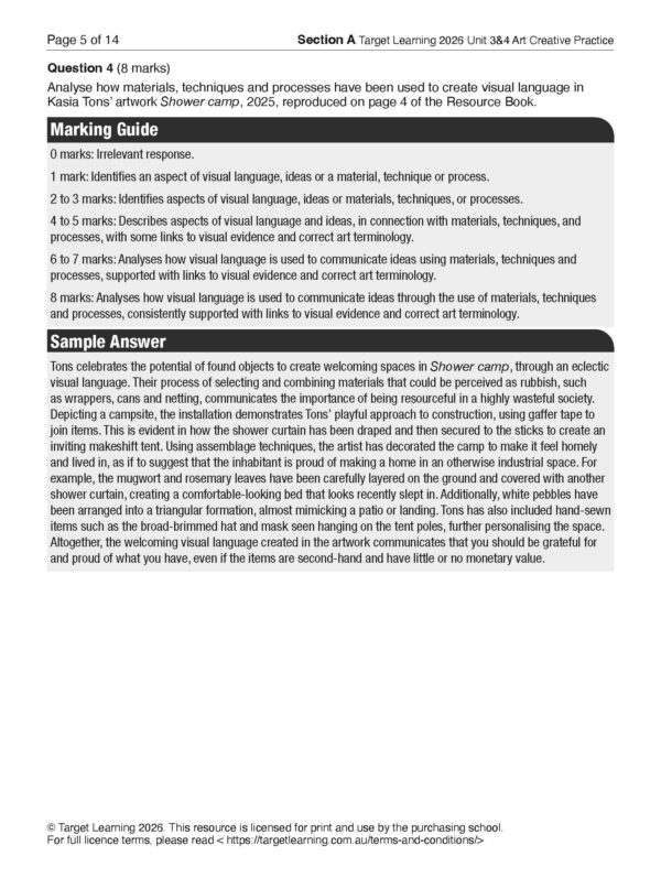 A page from an educational resource, featuring a question about visual language in art, a marking guide for grading answers, and a sample written response about an artist’s mixed-media installation.