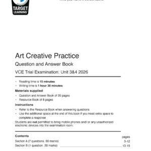 A cover page for a VCE Art Creative Practice exam booklet by Target Learning. It includes instructions, materials supplied, exam timing, sections, and copyright information at the bottom.