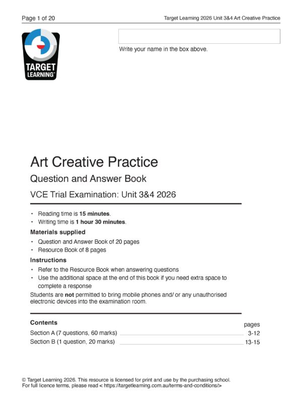 A cover page for a VCE Art Creative Practice exam booklet by Target Learning. It includes instructions, materials supplied, exam timing, sections, and copyright information at the bottom.