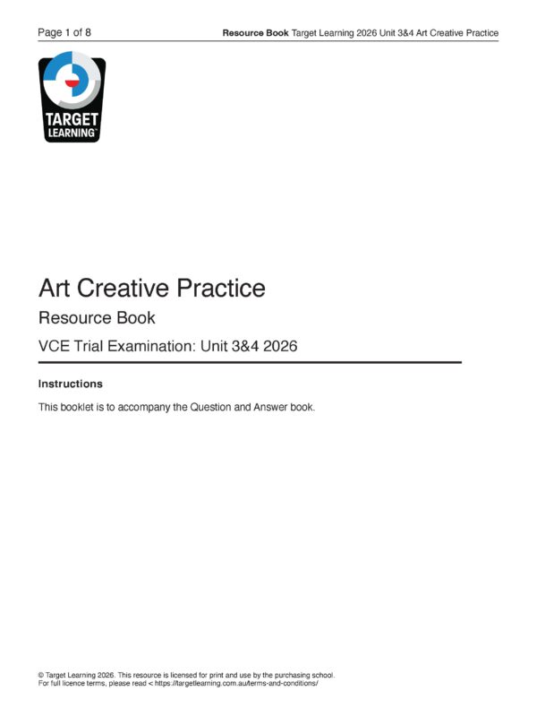 Cover page of a resource book titled Art Creative Practice for the VCE Trial Examination Unit 3&4 2026 by Target Learning, with usage instructions and copyright information at the bottom.