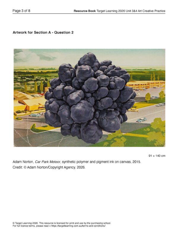 A painting shows a large, dark meteor composed of clustered round shapes hovering above a suburban car park with parked cars and low buildings, set against a backdrop of trees and a wide sky.