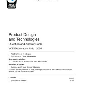 Cover page of a VCE Product Design and Technologies exam booklet, showing instructions, materials allowed, time limits, and contents. The Target Learning logo is displayed at the top left.